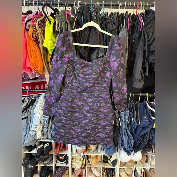 AMUR by Reiss Giulia Mini Dress - Size 4 Elegant Black and Purple Floral Dress - Picture 7 of 14